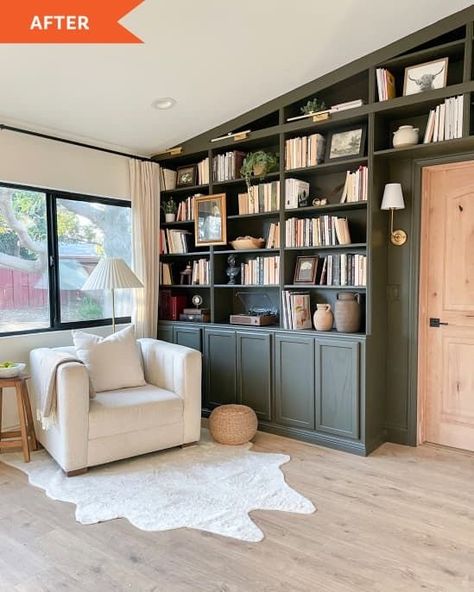 Tv Room With Bookshelves, Bookshelves With Nook, Vaulted Bookshelves, Emerald Green Built In Bookcase, Movie Library Room, Tall Library Wall, Built In Bookshelves Tv Wall, Wall To Wall Bookcase, Living Room Designs With Bookshelves