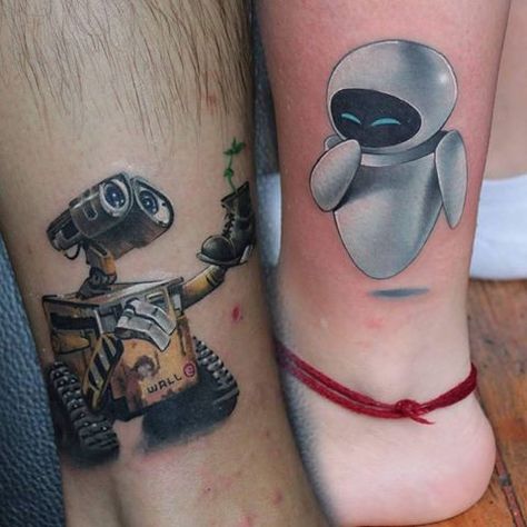 Couples tattoo, perfect for me and Kevin Cute Couple Tattoo Ideas, Cute Couple Tattoo, Toothless Tattoo, Disney Couple Tattoos, Eve Tattoo, Walle Y Eva, Couple Tattoo Ideas, Cute Couple Tattoos, Stitch Tattoo