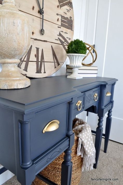 Using Navy Blue in Home Decor, pantone sailor blue, navy blue console table Blue Console Table, Blue Furniture, Funky Home Decor, Blue Home Decor, Lounge Decor, Refurbished Furniture, Retro Home Decor, Paint Furniture, Flipping Furniture