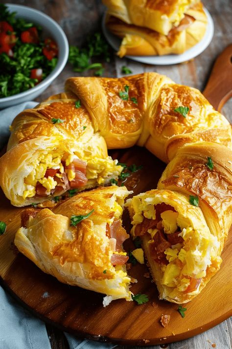 Whip up a Crescent Breakfast Ring for a delightful twist on breakfast! Featuring eggs, bacon, cheese, and crescent rolls, plus a pop of bell peppers, it's the ultimate brunch hero. Easy to make and irresistibly delicious, it's perfect for family gatherings or a special Sunday treat. Don't miss out on making mornings special. Pin this recipe for later and share your breakfast masterpiece with us! Croissant Breakfast Egg, Canned Crescent Roll Recipes Breakfast, Egg Bacon Crescent Roll, Breakfast Crescent Roll Ring, Sausage And Egg Crescent Rolls, Bacon Egg And Cheese Crescent Rolls, Christmas Breakfast Crescent Roll Wreath, Breakfast Recipes With Croissants, Ham And Egg Crescent Rolls