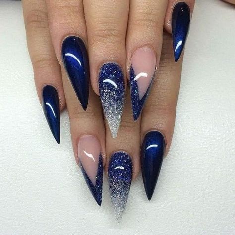 Navy Blue Nail Ideas, Blue Nail Ideas, Blue And Silver Nails, Blue Ombre Nails, Dark Blue Nails, Blue Glitter Nails, Navy Nails, Navy Blue Nails, Purple Acrylic Nails