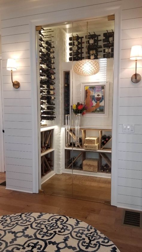 White shiplap wine cellar Wine Cellar Closet, Under Stairs Wine Cellar, Wine Room Design, Home Wine Bar, Wine Cellar Basement, Wine Closet, Home Bar Rooms, Home Wine Cellars, Wine Cellar Design