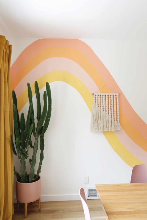 Striped Wave Wallpaper DIY! #wallpaper #wallpaperdiy #statementwalls #rainbowwall #abeautifulmess Groovy Mural Art, Retro Rainbow Bedroom, Airbnb Bedroom, Wave Wallpaper, Wall Murals Diy, Stripe Wall, Wallpaper Diy, Home Decor Minimalist, Modern Color Schemes