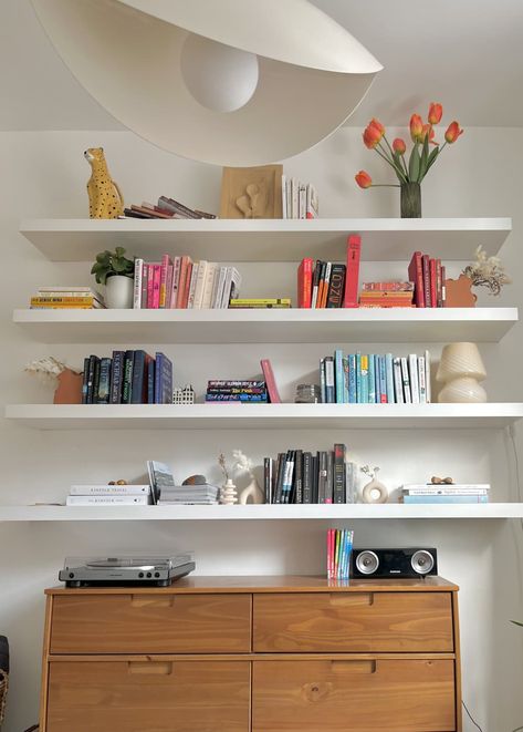 Colorful Shelves, Lack Shelves, Shelves Books, Ikea Dining Room, Open Floor Concept, Brown Dresser, White Bookshelves, Bookshelves Diy, Apartment Inspiration