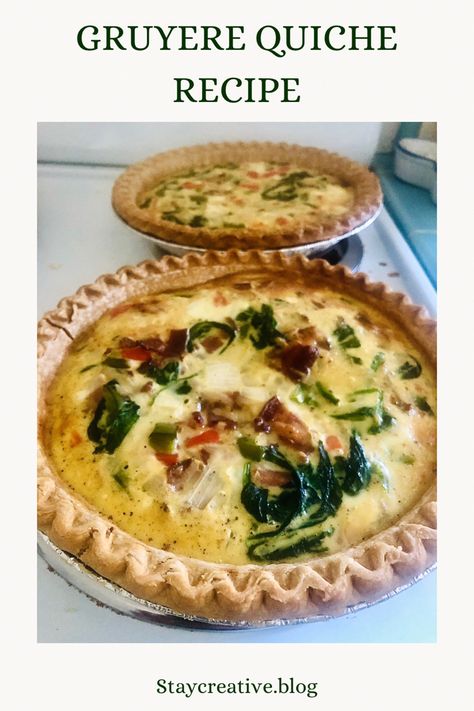 Eggs, fresh spinach, onions and peppers and nutty glorious Gruyere cheese all nestled in a flakey pie crust. What’s not to love with this easy & delicious gruyere quiche recipe #spring #quiche #easyrecipes #brunchrecipes #breakfastideas Quiches Recipes Easy, Ham Gruyere Quiche, Quiche With Gruyere Cheese, Gruyere Quiche, Quiche With Premade Pie Crust, Quiche With Gruyere Cheese And Bacon, Best Quiche Recipe Ever, Sausage Quiche With Frozen Pie Crust, Quiche Pie Crust