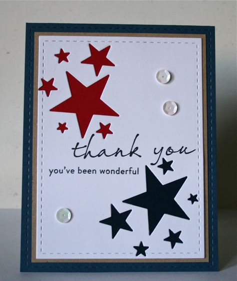 handmade thank-you card for Memorial Day ... negative space star groupings ... one backed with blue and the other with red ... luv this crisp look ... Military Cards, Handmade Thank You Cards, Star Cards, Summer Cards, Happy Memorial Day, Male Cards, Masculine Cards, Negative Space, Creative Cards