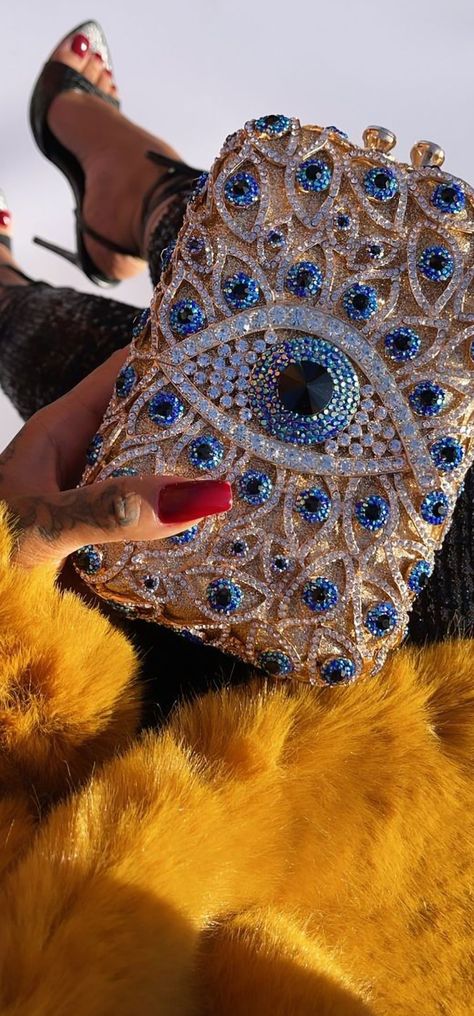 Mini Crystals, Grunge Accessories, Embellished Bags, Luxury Clutch, Crystal Bags, Crystal Clutch, Protection Crystals, Crystal Eye, Gold And Blue