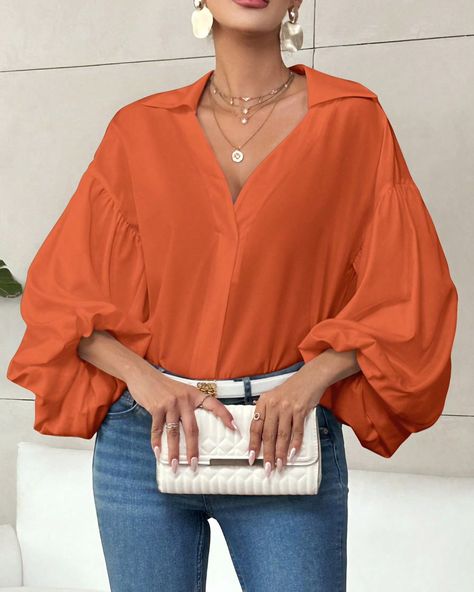 Lantern Sleeve Shirt, African Print Shirt, Casual Elegant Style, Fall Blouse, Orange Blouse, Mode Casual, Silky Blouse, How To Wear Scarves, Loose Blouse