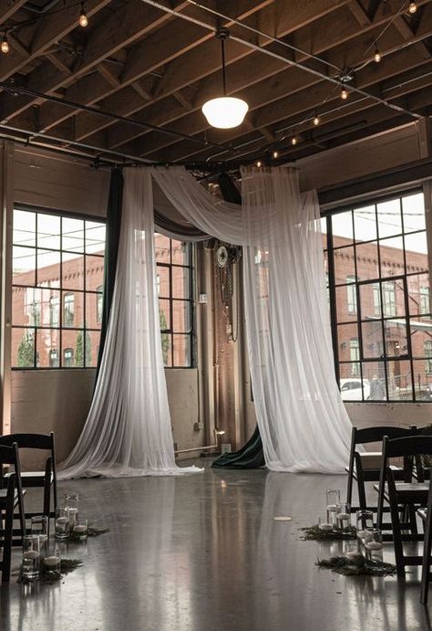 Draping Wedding Arch, Wedding Draping Backdrop, Unique Backdrops, How To Hang Curtains, Event Venue Design, Drape Backdrop, Ceiling Drapery, Wedding Drapery, Wedding Draping