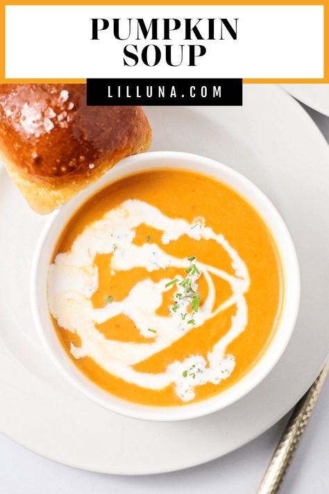 This velvety smooth pumpkin soup is easy to make with a can of pumpkin puree and just 10 minutes of prep, it's a fall favorite! #pumpkinsoup #soup #fall #pumpkinrecipe Puree Soup, Pumpkin Pasta Bake, Soup Fall, Pumpkin Spice Waffles, Slow Cooker Pork Loin, Bread Bowl Recipe, Ultimate Grilled Cheese, Pumpkin Pasta, Pureed Soup