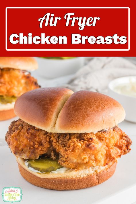 These Air Fryer Chicken Breasts feature boneless chicken coated with a perfectly seasoned breading that's a riff on Chick-fil-A. #crispychickensandwich #airfryerrecipes #chickenbreastrecipes #bonelesschickenrecipe #chickfila #copycatchickfilarecipe #airfryerchickenbreast #easychickenrecipes #friedchicken #southernfriedchicken via @melissasssk Fried Breaded Chicken Breast, Chick Fil A Recipe Copycat, Air Fryer Chicken Breasts, Fried Breaded Chicken, Weekday Lunches, Easy Skillet Chicken, Air Fryer Fried Chicken, Chicken Piccata Recipe, Chicken Recipes Boneless