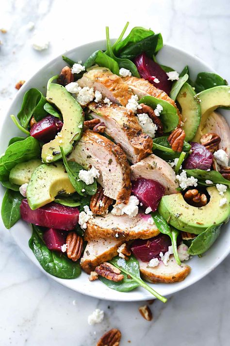 Spinach Salad with Beets, Chicken and Goat Cheese | foodiecrush.com Avocado Spinach Salad, Spinach Salad With Chicken, Menu Sarapan Sehat, Beet And Goat Cheese, Nourishing Meals, Salad With Chicken, Big Families, Cheese Spinach, Resep Salad