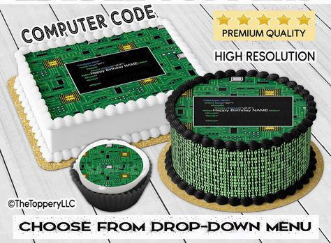 Edible Toppers Computer Binary Code Round Rectangle Cake | Etsy Coding Cake Computer, Coding Cake Ideas, Cake Computer, Macaron Birthday, Science Cake, Strawberry Macaron, Cupcake Chocolate, Rectangle Cake, Cake Wraps