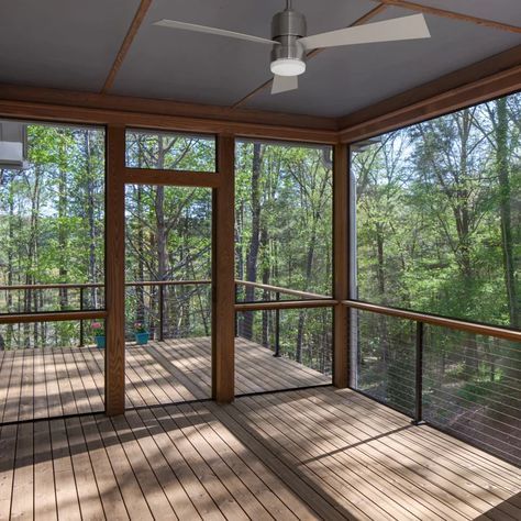 Screened In Porch Colors, Screened In Porch With Railing, Black Screened In Porch On White House, Backyard Screened In Porch, Elevated Back Porch Ideas, Lake House Screened In Porch, Screen Porch Railing Ideas, Screened In Porch Railing Ideas, Screened In Porch And Deck Ideas