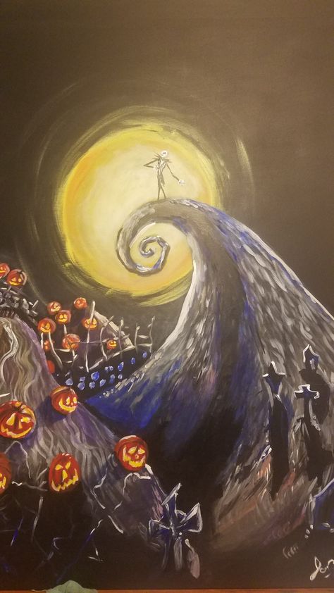 Nightmare Before Christmas painting my love did for me! Tim Burton Painting Easy, Tim Burton Painting, Nightmare Before Christmas Painting, Tim Burton Characters, Christmas Window Painting, Drawing Things, Dreams And Nightmares, Christmas Painting, Easy Canvas