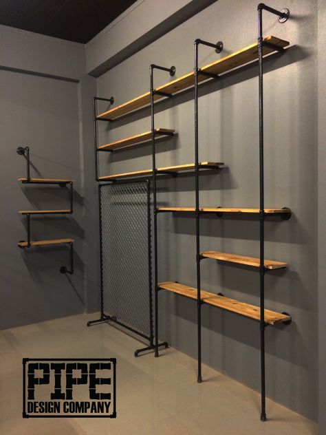 Industrial Interior Shop Design, Roofing Company Office Ideas, Clothes Shop Interiors Ideas, Small Cloth Shop Interior Design, Male Boutique Interior Design, Diy Store Display Retail Clothing Racks, Black Shop Interior, Industrial Retail Design, Mens Boutique Interior Design