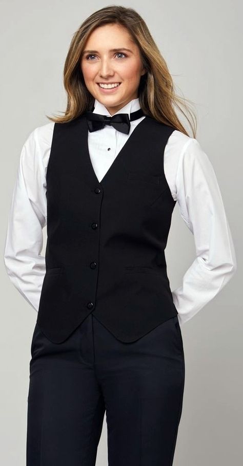 Server Uniforms, Bartender Outfit, Buzzed Hair Women, Buzzed Hair, Vest And Tie, Black Bow Tie, Women Ties, Hibiscus Tea, Hair Women