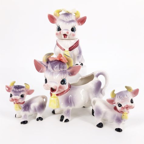 60s Kitsch Ceramic Purple Cow Breakfast Set 1960s Vintage In Original Box New Deadstock Unused Mcm Mid Century Set Consists Of Sugar (Head Is Removable) Creamer Salt Shaker Pepper Shaker Original Box Made In Japan Ross Products Inc Original Ribbon Bows Still Attached On Larger Two Cows. One Of The Shakers Has Some Chips On The Hoofs (Pictured) Two Cows, Bible King James Version, Purple Cow, Sweet Heat, Breakfast Set, Metal Lunch Box, Vintage Kitsch, Salt Shaker, Handcrafted Ceramics