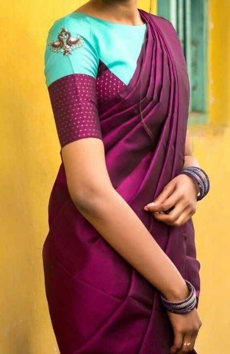 Saree With Same Colour Blouse, Two Colours Blouse Designs, Same Colour Saree And Blouse Designs, New Trending Blouse Designs, Boatneck Blouse Designs Latest, Cars Interior, Cotton Blouse Design, New Saree Blouse Designs, Latest Model Blouse Designs