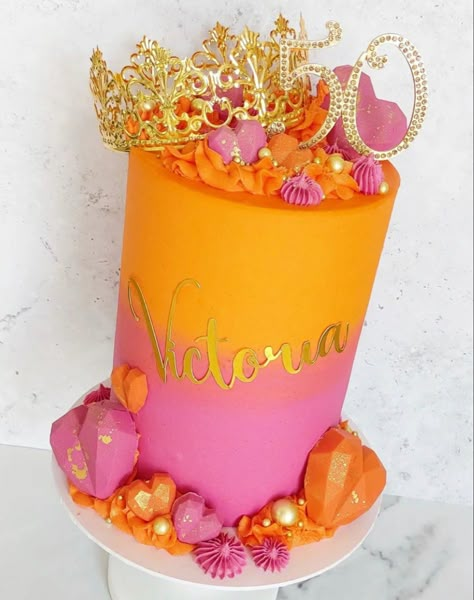 Pink Orange Cake Birthday, Orange And Pink Birthday Cakes, Pink And Orange Birthday Cake Ideas, Pink Orange Gold Birthday Cake, 40 Orange Cake, Pink And Orange Cake Ideas, Hot Pink And Orange Cake, Hot Pink And Orange Birthday Cake, Pink And Orange Birthday Cake