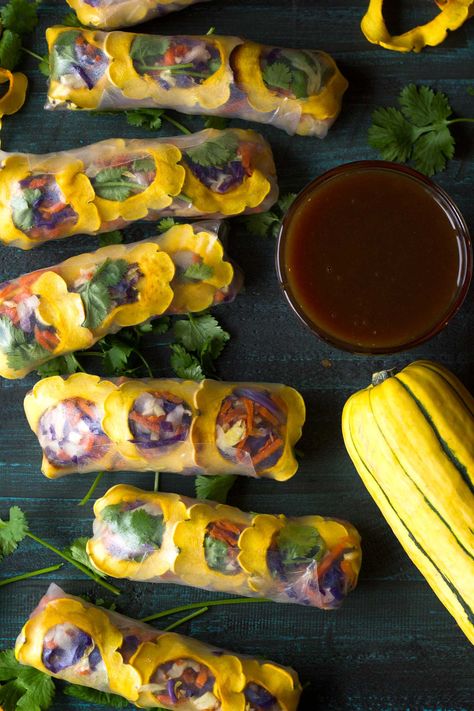 Delicata Squash, Vegan Clean, Spring Roll, Summer Rolls, Healthy Veggies, Gluten Free Snacks, Free Snacks, Teriyaki Sauce, Super Healthy