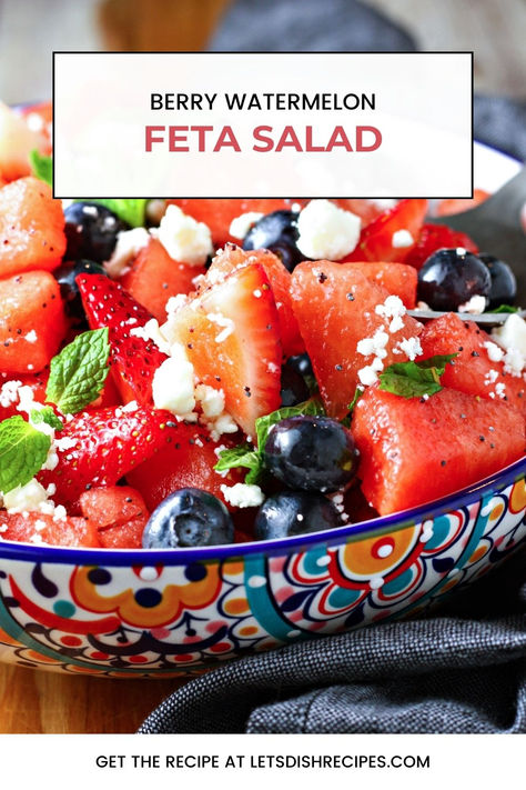 Berry Watermelon Feta Salad Recipe -- Watermelon, strawberries and blueberries are tossed with mint and feta cheese in a honey-lime poppy seed dressing to create this light, refreshing summer salad. #healthyeating #fruitsalad Watermelon Blueberry Feta Salad, Savory Strawberry Recipes, Watermelon Feta Salad Recipes, Strawberry Muffin Recipes, Cherries Salad, Feta Salad Recipe, Strawberries And Blueberries, Blueberry Salad, Feta Cheese Salad