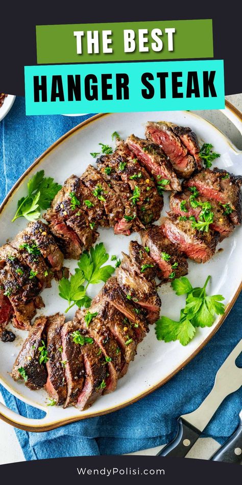 This Hanger Steak recipe is a carnivore's dream come true! With its robust flavors and succulent texture this steak offers a richness that's simply irresistible. With a caramelized crust that's a delightful contrast to the juicy interior, this is the perfect steak to serve friends and family. Whether you choose to grill it to smoky perfection or sear it on the griddle for that perfect char, this Hanger Steak recipe is a must-try for all meat lovers. Hangar Steak Recipe, Hanging Tender Steak Recipes, Hanger Steak Recipes Cast Iron, Hanger Steak Marinade, Steaks On Grill, Beef Hanger Steak Recipe, Hanger Steak Recipes, Grilled Hanger Steak, Steak On Gas Grill