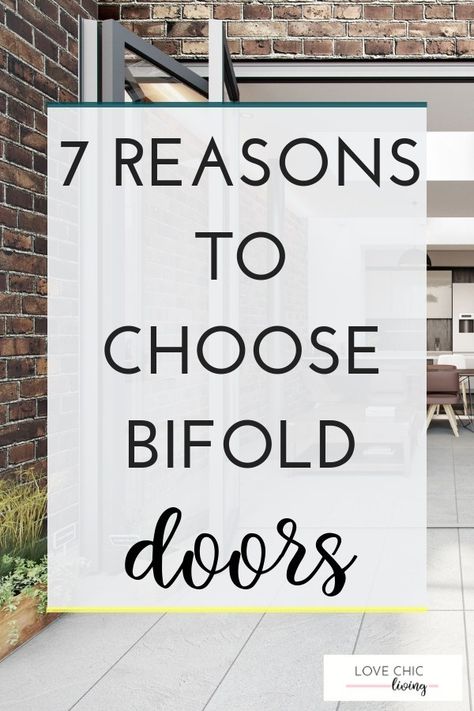 Whether you want bifold doors that lead onto your patio, extend your kitchen or for your living room, you need to know the benefits. When they lead onto decking they offer great outdoor living options, perfect for extra light, ventilation, the illusion of space and look so modern and contemporary. Click through to find out more #bifolddoors #foldingdoors #lovechicliving Bifold Patio Ideas, Indoor Bifolding Doors, Bifold Glass Doors Patio, Acordian Doors Exterior Living Room, Patio Door Options, Folding Patio Doors Indoor Outdoor, Bifold Doors Onto Deck, Modern Bifold Doors, Kitchen With Bifold Doors