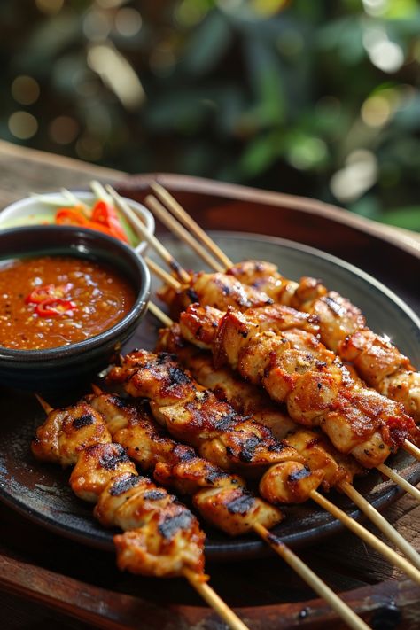 Grilled chicken skewers with a side of dipping sauce. Wedding Dishes Food Ideas, Continental Dishes Recipes, Satay Chicken Recipe, Easy Chicken Satay, Chicken Satay With Peanut Sauce, Continental Cuisine, Pork Satay, Chicken Satay Recipe, Sweet Potato Breakfast Hash