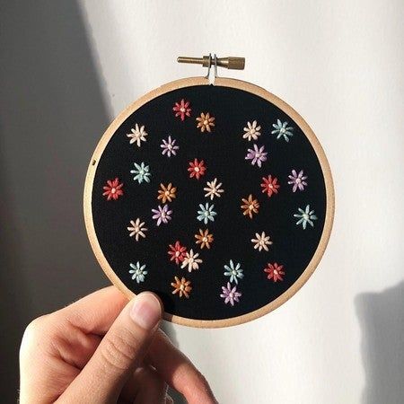 Embroidery Simple, Honey Logo, Small Embroidery, Black Cotton Fabric, Dark Fabric, Floral Embroidery Patterns, Embroidery Stitches Tutorial, Hand Work Embroidery, Embroidery Patterns Vintage