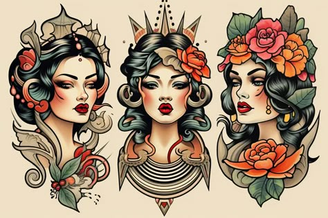 I will create awesome old school tattoo style design Old School Woman Tattoo, Pinup Tattoos For Women, American Traditional Lady Head, Woman Tattoo Design, Old School Tattoo Style, Convention Tattoo, Traditional Tattoo Drawings, Pin Up Girl Tattoo, Freelance Contract