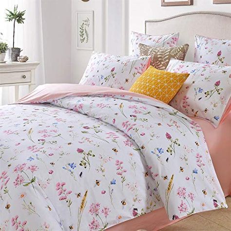 Softta Floral Bedding Set Bee and Flower Bedding Queen 3 pcs 1 Duvet Cover+ 2 Pillowcases White Pink 100% Egyptian Cotton 800 TC Best Quilted Comforter, Set USA Farmhouse Bedding Sets, Farmhouse Style Bedding, Bee And Flower, Flower Duvet Cover, Floral Bedding Sets, Flower Duvet, Queen Size Duvet Covers, Flower Bedding, Chic Bedding