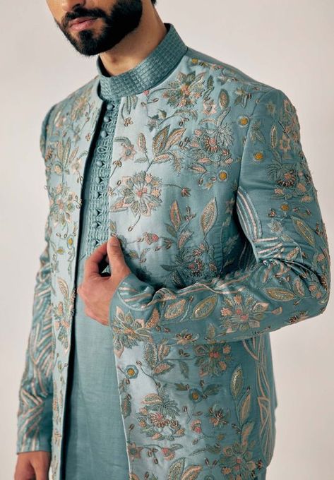 Chateau Grey Short Jacket Set - S Jatin Malik, Wedding Kurta For Men, Wedding Dresses Men Indian, Gents Kurta Design, Gents Kurta, Wedding Dress Men, Dress Suits For Men, The Chateau, Groom Outfit