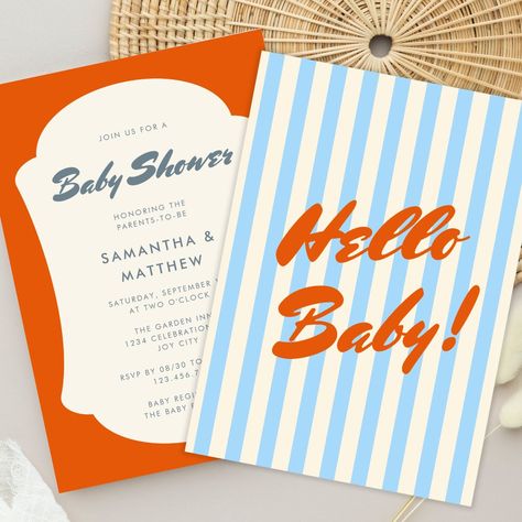 Hello Baby Retro Orange Abstract Frame Baby Shower Invitation Retro Baby Showers, Bebe Shower, Blue Baby Shower Invitations, Orange Baby Shower, Custom Baby Shower Invitations, Gender Neutral Baby Shower Invitations, Baby F, Baby Shower Supplies, Retro Baby