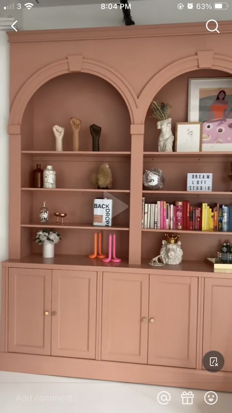 Pink Built Ins, Arched Bookshelf Diy, Arched Billy Bookcase, Arched Bookcase Built In, Build In Bookshelves, Arched Built Ins, Library Colors, Gray Room Ideas, Pink Bookcase