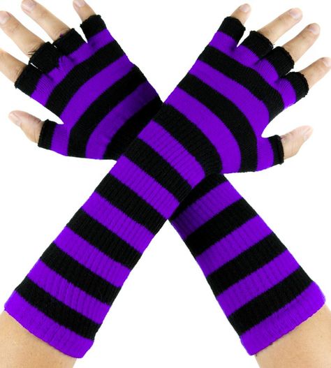 Purple and Black Stripe Fingerless Gloves Arm Warmers Punk Alternative Wacky Fashion, Purple Punk, Punk Clothes, Emo Clothing, Happy Monster, Scene Accessories, Alchemy Gothic, Gothic Clothes, Alternative Clothing