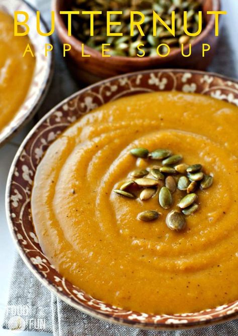 This Butternut Squash and Apple Soup is autumn in a bowl; vibrant butternut squash and crisp apple cider round out this tasty recipe. Apple Soup Recipes, Squash And Apple Soup, Squash Apple Soup, Butternut Squash Apple Soup, Butternut Squash Apple, Fall Favorites Recipes, Apple Soup, Chicken And Butternut Squash, Butternut Squash Recipes Soup