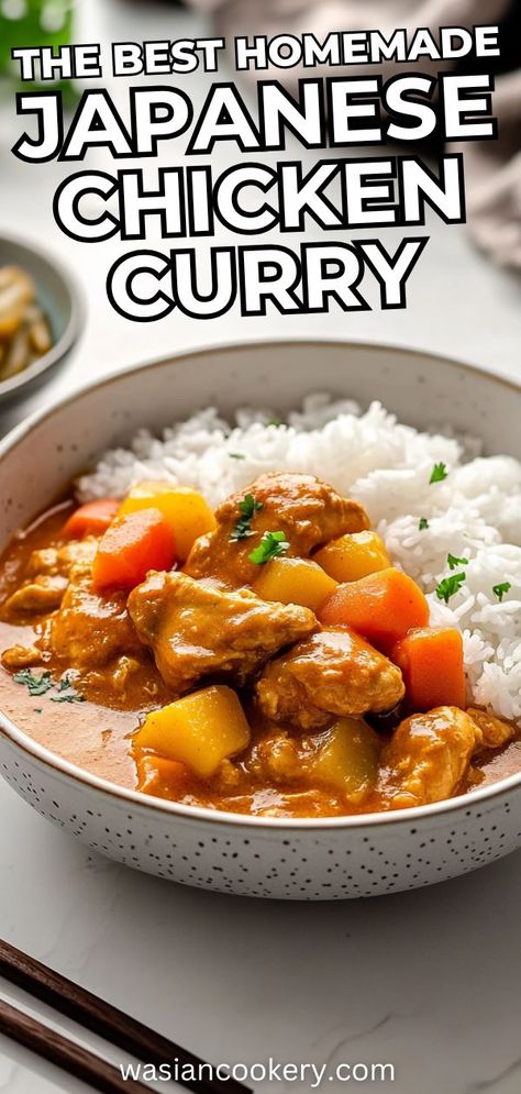 A bowl of rich Japanese curry featuring tender chicken and colorful vegetables served with rice. Gluten Free Japanese Curry, Japanese Recipe Ideas, Homemade Japanese Curry, Japanese Katsu Curry, Japanese Curry Recipe, Asian Curry, Curry Rice Recipes, Japanese Chicken Curry, Katsu Recipes