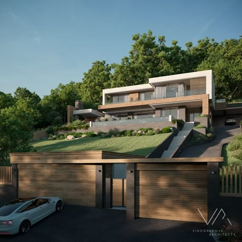 Villa in Gagra on Behance Hill Villa Design, Garage Under House Slope, House On A Hill With Pool, Villas On Slope, Sloping Lot House Plans Modern, Modern House On A Slope, Modern House Hillside, Villa On Slope, House On Slope Architecture