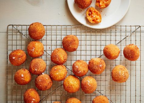 Sweet potatoes and cheese are flavored with cumin, smoked paprika, black pepper and cayenne for warmth, smokiness and a little bit of a kick Once these croquettes are breaded and deep fried, a crisp crust delicately encapsulates the soft and gooey mixture within They are very straightforward to prepare, but the process makes them a labor of love, perfect for entertaining or simply showing off your kitchen prowess. French Green Lentils, Croquettes Recipe, Thanksgiving Appetizer Recipes, Salad With Sweet Potato, Nyt Cooking, Thanksgiving Appetizers, Mashed Sweet Potatoes, Croquettes, Small Bites