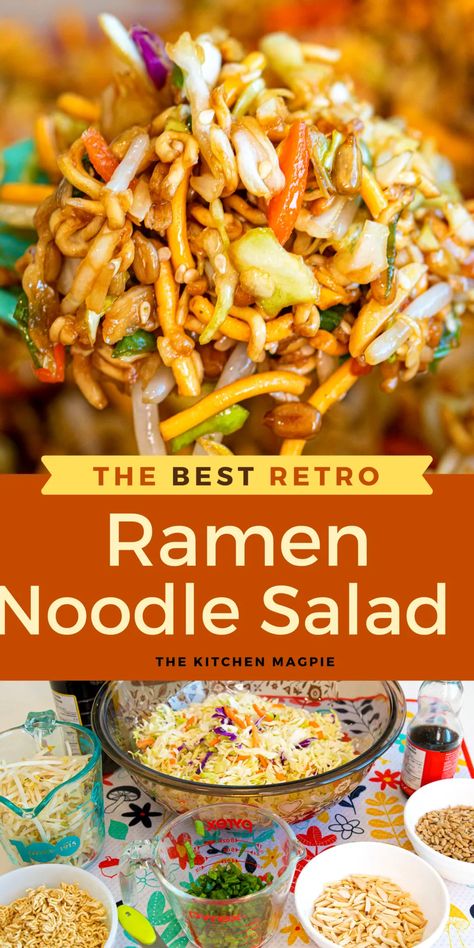 This retro ramen noodle salad has two types of crunchy noodles and is loaded with seeds, nuts, and vegetables, all tossed in a dark zesty sesame-flavored dressing! Delicious and easy as a side dish, lunch or dinner. Japanese Salad With Ramen Noodles, Orential Salad With Ramen, Asian Salad Ramen, Top Ramen Salad, Asian Salad With Ramen Noodles, Cold Ramen Noodle Salad, Crunchy Noodles, Ramon Noodles, Asian Ramen Noodle Salad