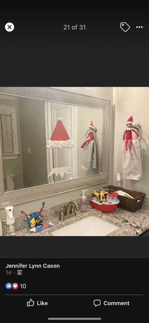 Elf Selfie Bathroom Mirror, Elf Yourself Bathroom Mirror, Elf Yourself Mirror, Elf Yourself, Shelves Ideas, Shelf Ideas, Work Ideas, On The Shelf, Santa Hat