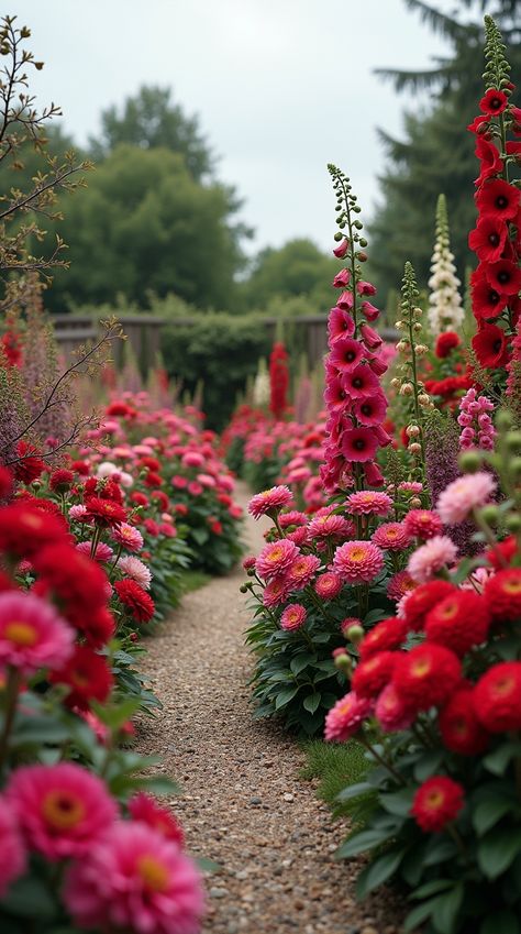 Transform your garden into a canvas of vibrant beauty with 10 Unique Flower Garden Design Color Combinations! Explore bold pairings like red hollyhocks alongside cardinal flowers, or soft pastels featuring double hollyhocks and watercolor hollyhocks. Discover how planting hollyhocks enhances texture and height, while penstemon barbatus and delicate penstemon flowers add dynamic contrast. For a touch of elegance, a white roses garden or lush garden roses create timeless charm. Companion Plants For Hollyhocks, Planting Hollyhocks, Double Hollyhocks, Watercolor Hollyhocks, Red Hollyhocks, Penstemon Barbatus, Cardinal Flowers, White Roses Garden, Penstemon Flowers