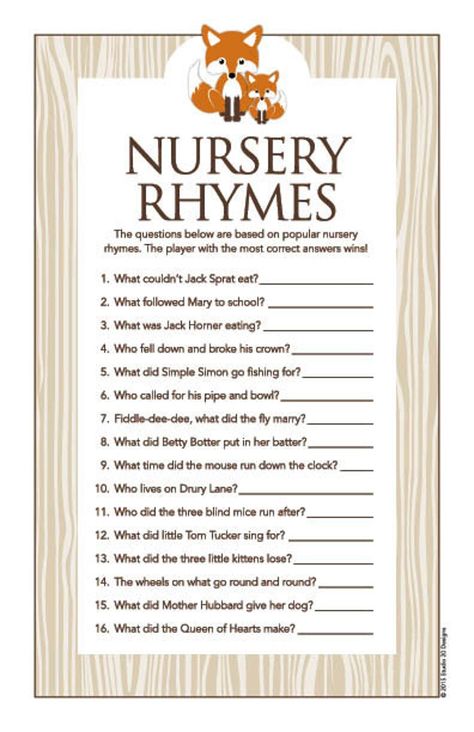 Gender Neutral Fox Nursery, Fox Theme Baby Shower, Nursery Rhyme Baby Shower Game, Nursery Rhyme Game, Nursery Rhyme Quiz, Book Shower, Virtual Baby Shower Games, Nursery Rhymes Games, Fox Baby Shower