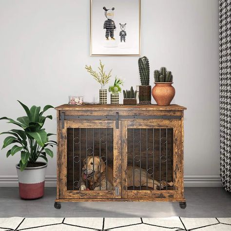 Tucker Murphy Pet™ 39"W Dog Crate Furniture With Sliding Barn Door, Wood Dog Kennel End Table With Wheels & Flip-Top Plate, Dog House With Detachable Divider & Reviews | Wayfair Dog Kennel End Table, Wood Dog Kennel, Dog Crate End Table, Pet Bed Furniture, Furniture Style Dog Crate, Crate End Tables, Wooden Dog Kennels, Wooden Dog Crate, Dog Kennel Furniture