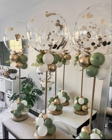 Gold And White Table Balloons, Treat Table Balloon Garland, Babyshower Table Decoration For Boys, Sage And Gold Birthday Party, Oh Baby Centerpieces Ideas, Nature Themed Baby Shower Ideas Boy, Neutral Baptism Decor, Simple Baby Shower Ideas For Boys, 15 Decorations