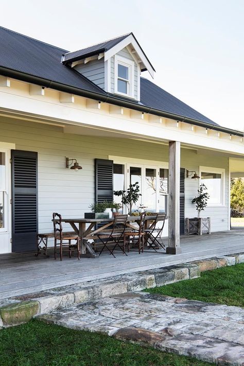 Deck Design Ideas, Front Verandah, Brick Steps, Red Farmhouse, French Interior Design, 1920s House, Homes To Love, Timber Beams, Beach Shack