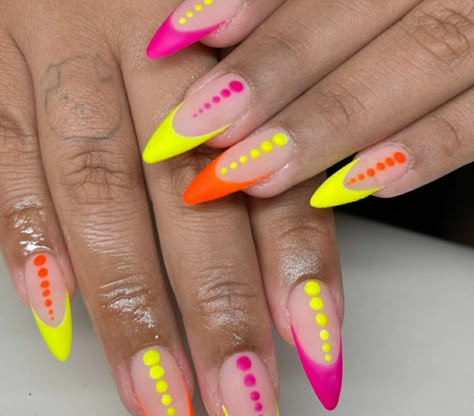 Neon Pink Orange And Yellow Nails, Almond Nails Neon Green, Pink And Yellow Almond Nails, Neon Almond Nails Summer, Pink And Yellow Nail Designs, Orange And Yellow Nail Designs, Neon Yellow Nail Art, Pigment Powder Nails, Precious Nails