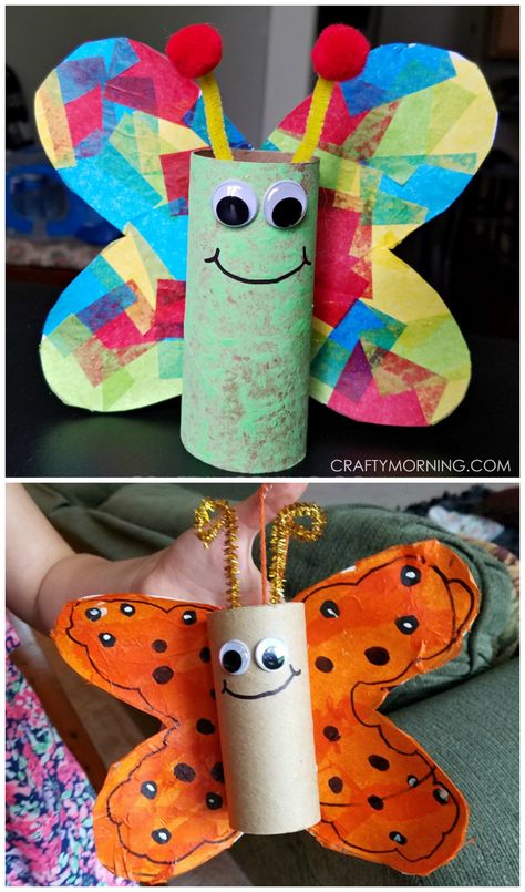 Cardboard tube butterfly craft for kids to make! Perfect for spring or summer. Use toilet paper rolls or paper towel rolls. Cardboard Butterfly, Preschool Creative Art, Spring Crafts Preschool, Butterfly Craft, Butterfly Kids, Spring Crafts For Kids, Toilet Paper Roll Crafts, Diy And Crafts Sewing, Paper Roll Crafts