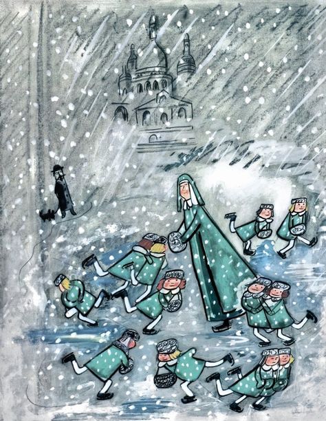 "She loved winter, snow, and ice." Madeline Book, Ludwig Bemelmans, Classic Childrens Books, Gallery Walls, Snow And Ice, Vintage Children's Books, Straight Lines, Childrens Illustrations, Children's Book Illustration